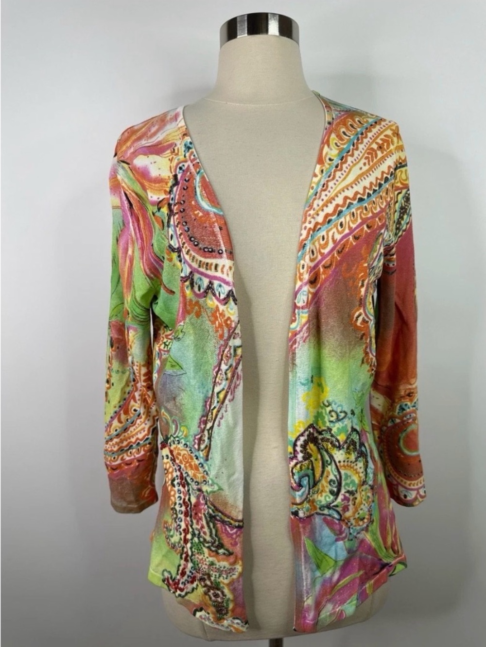 Alberto Makali colorful Open-Front Paisley Print beaded Women's Cardigan Sweater